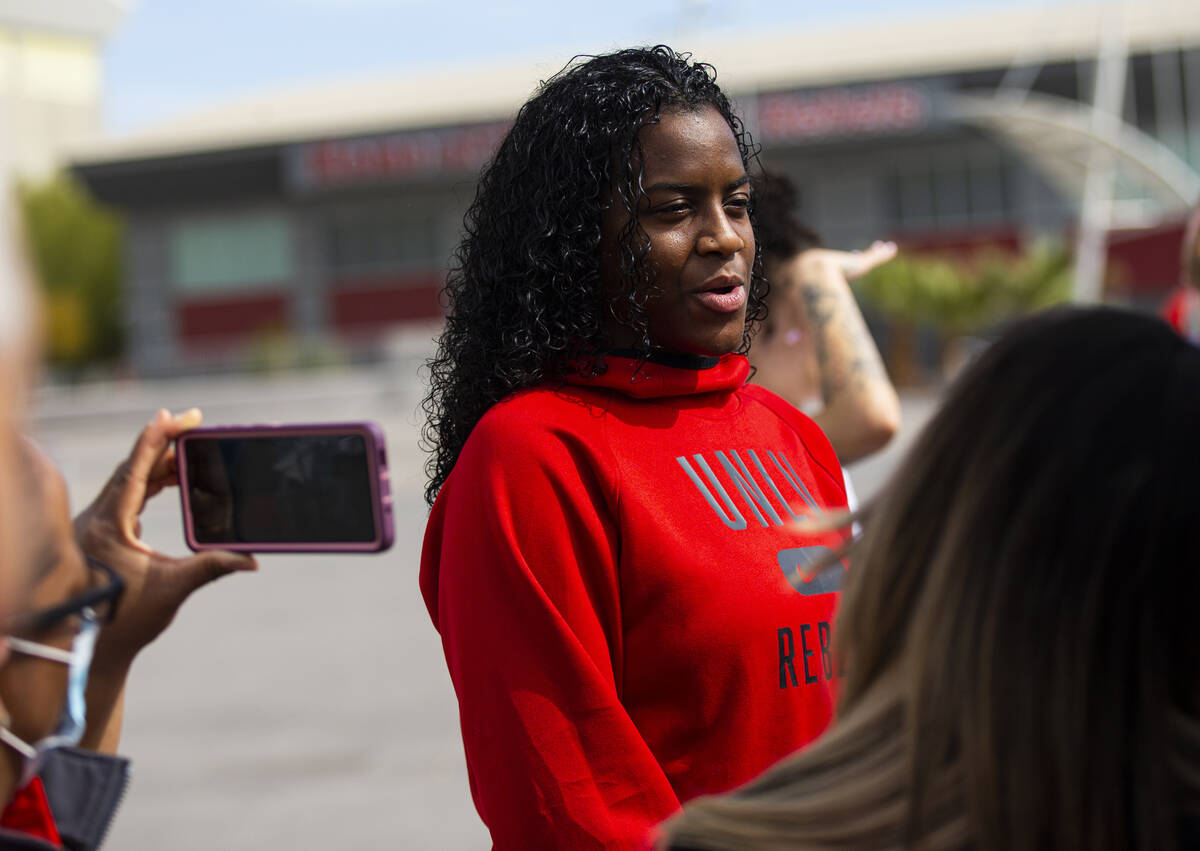 UNLV Lady Rebels center Desi-Rae Young speaks with members of the media before heading to Tusco ...