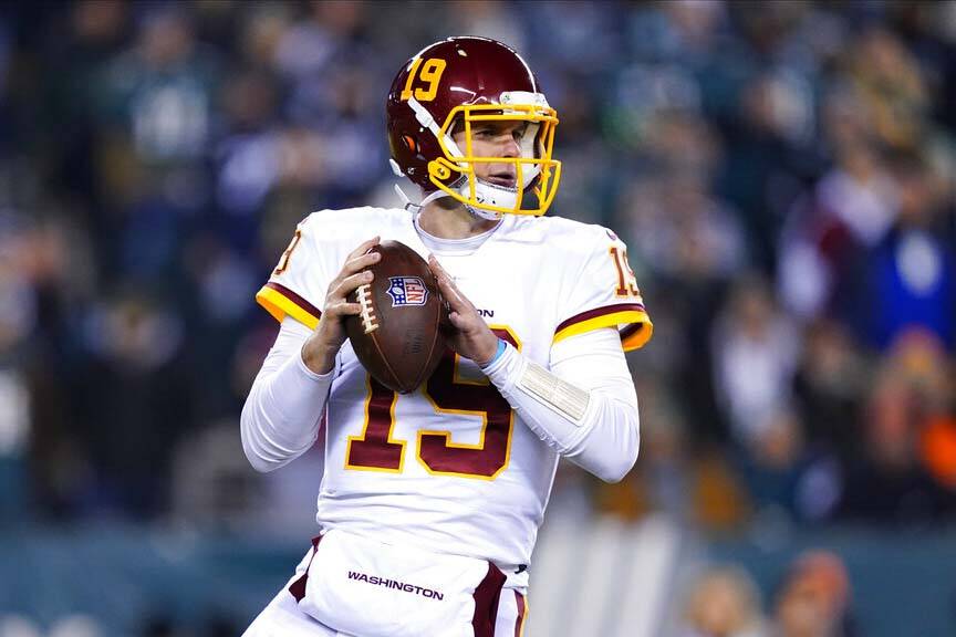 Washington Football Team's Garrett Gilbert plays during an NFL football game, Tuesday, Dec. 21, ...