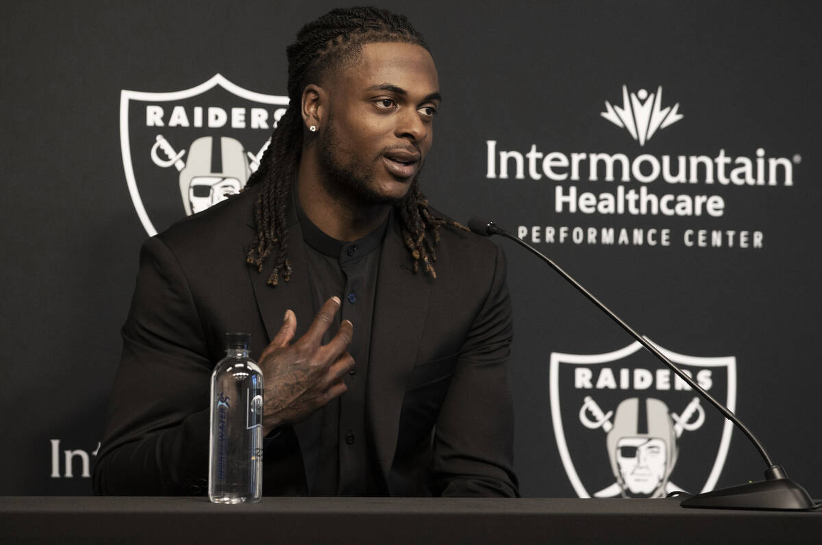 Newly acquired Raiders wide receiver Davante Adams addresses the media at Raiders Headq ...