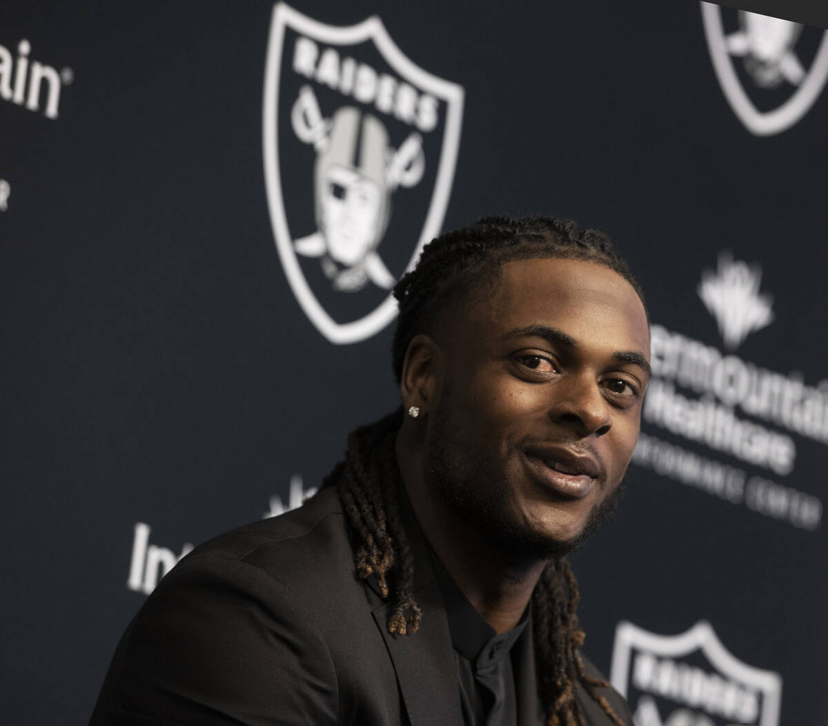 Newly acquired Raiders wide receiver Davante Adams addresses the media at Raiders Headq ...