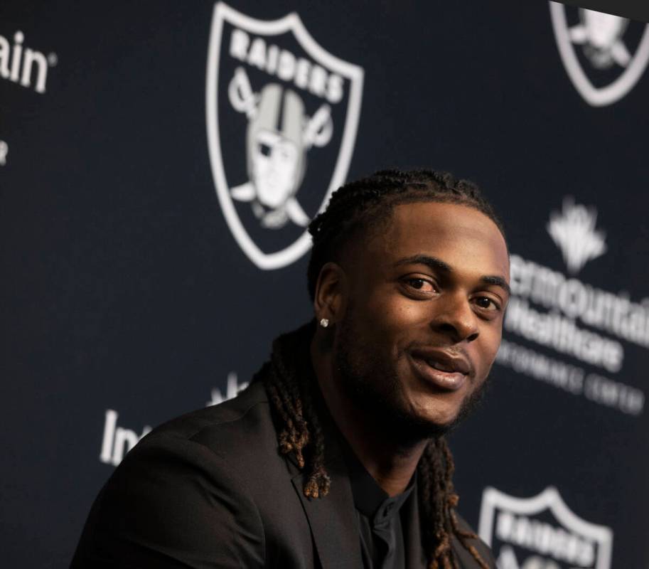 Newly acquired Raiders wide receiver Davante Adams﻿ addresses the media at Raiders Headq ...