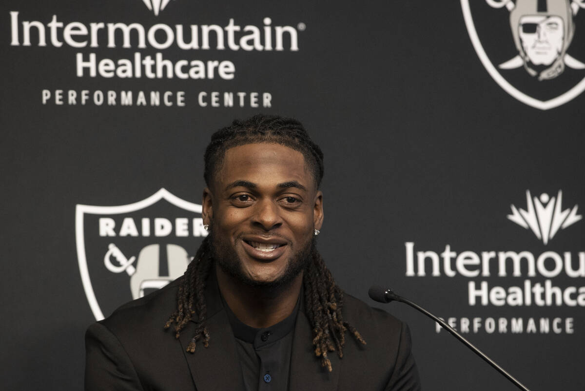 Newly acquired Raiders wide receiver Davante Adams addresses the media at Raiders Headq ...