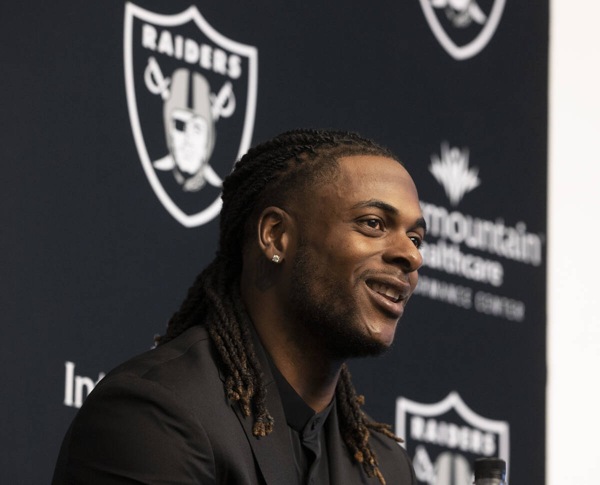Newly acquired Raiders wide receiver Davante Adams addresses the media at Raiders Headq ...