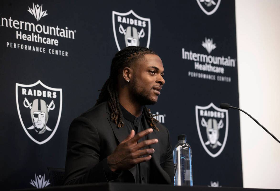 Newly acquired Raiders wide receiver Davante Adams﻿ addresses the media at Raiders Headq ...