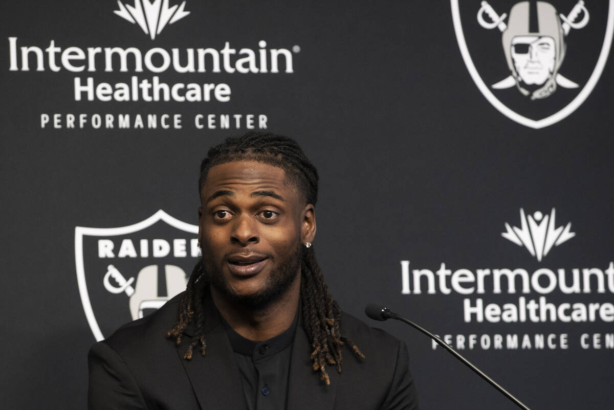 Newly acquired Raiders wide receiver Davante Adams addresses the media at Raiders Headq ...