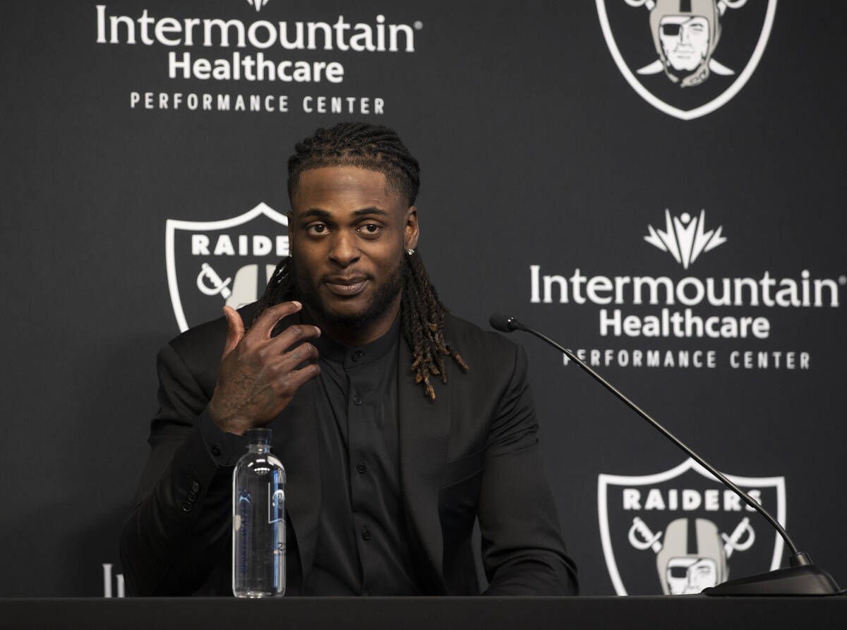 Newly acquired Raiders wide receiver Davante Adams addresses the media at Raiders Headq ...