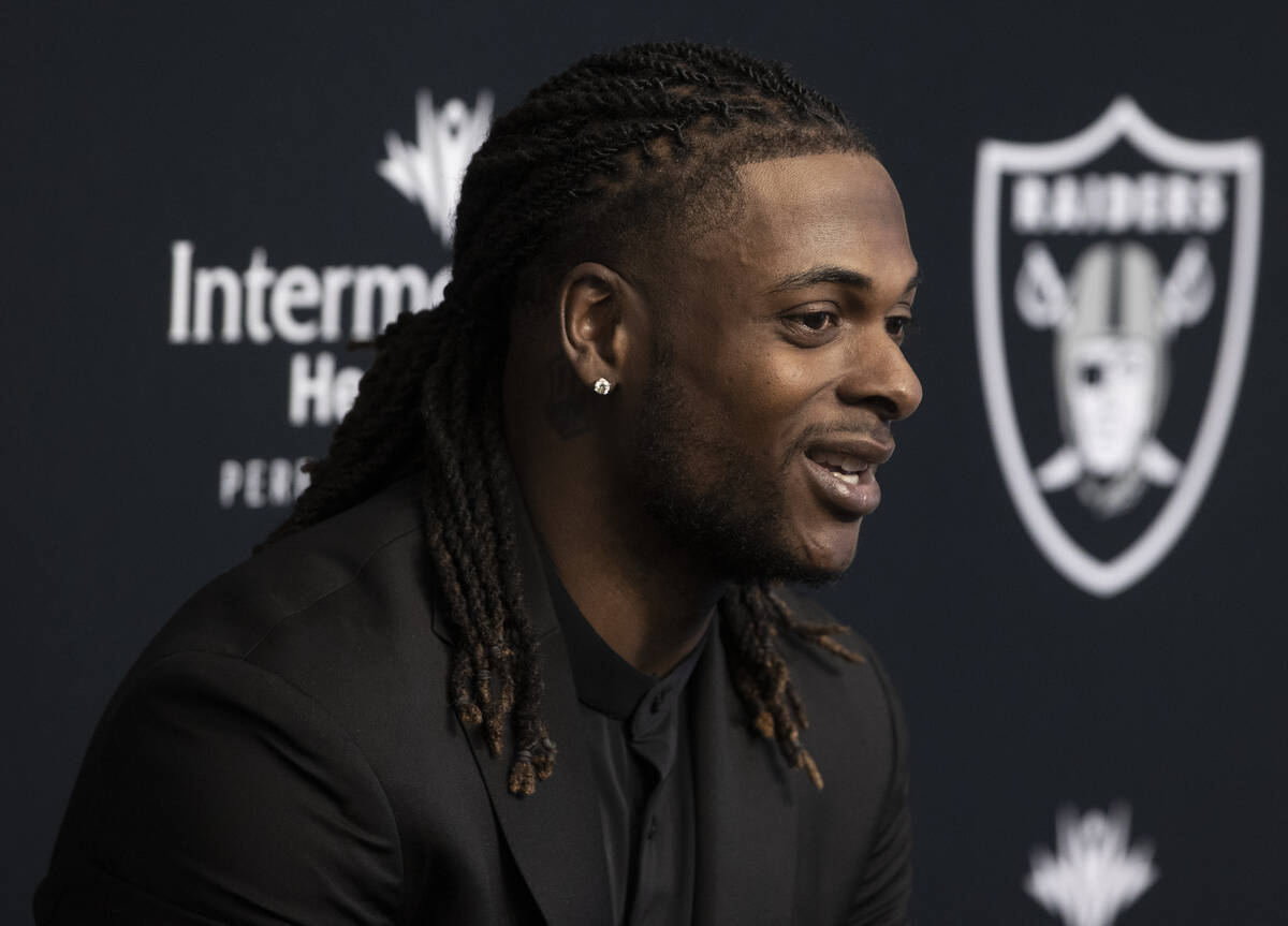 Newly acquired Raiders wide receiver Davante Adams addresses the media at Raiders Headq ...