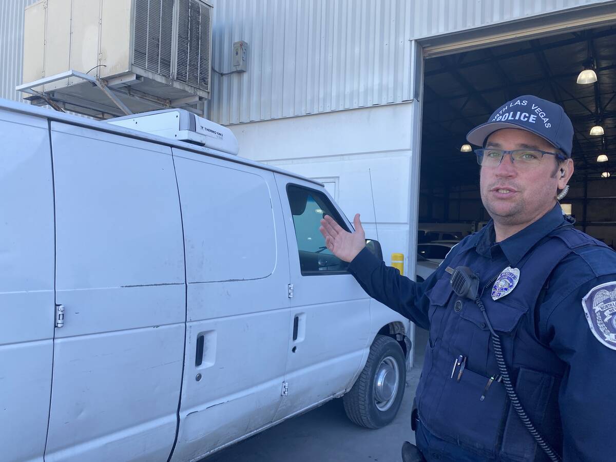 North Las Vegas officer Joshua Leavitt talks about his response to a stolen van call at the AA ...