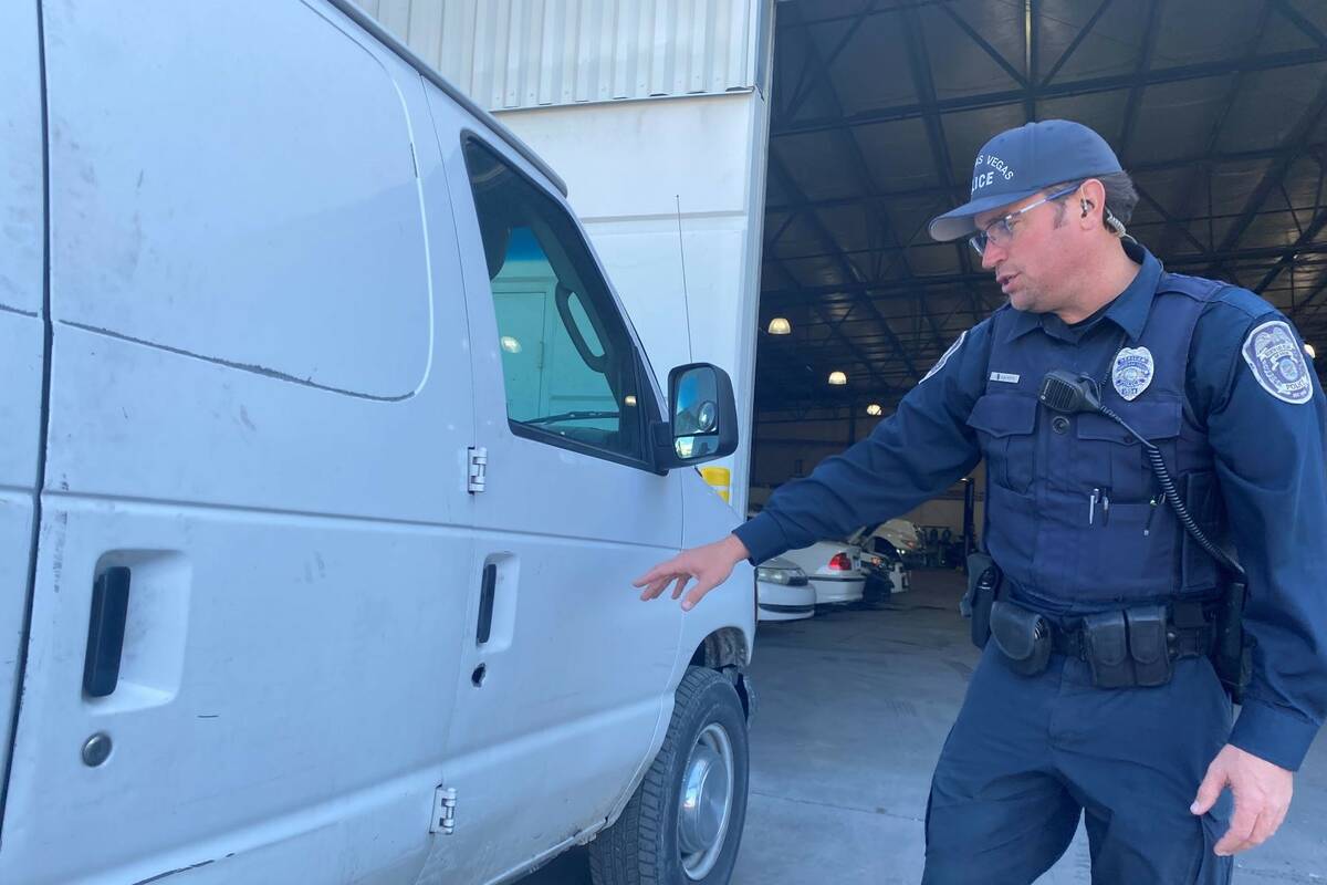 North Las Vegas officer Joshua Leavitt talks about his response to a stolen van call at the AA ...