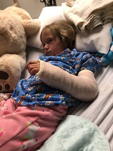 Emerson Myers in a Las Vegas hospital recovering from a broken wrist suffered in the March 27, ...