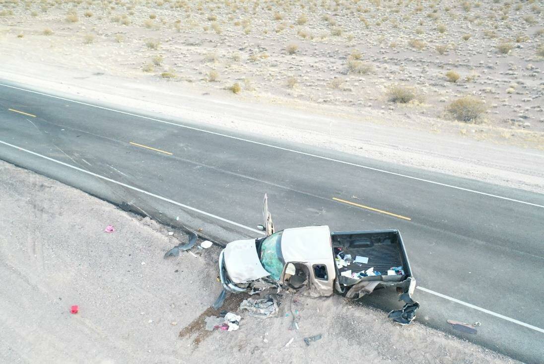State patrol photo of Tyler Kennedy's truck after the March 27, 2021 crash in Nye County.