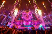 Fireworks go off as The Chainsmokers perform at the Kinetic Field stage during the first day of ...