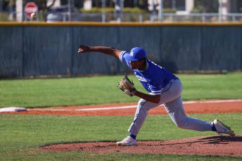 Bishop Gorman’s Tyler Avery (31) pitches to Cimarron-Memorial during a baseball game at ...