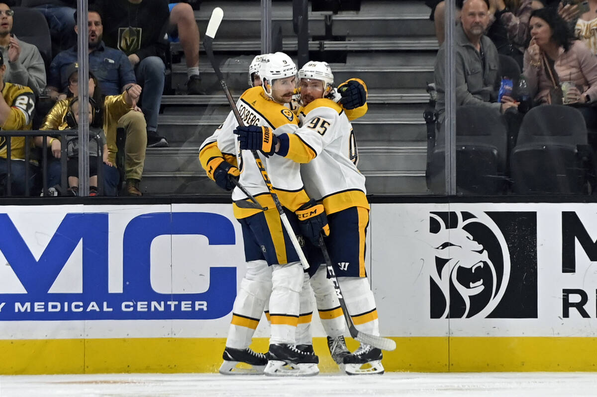 Nashville Predators left wing Filip Forsberg (9) celebrates with teammates after his goal again ...