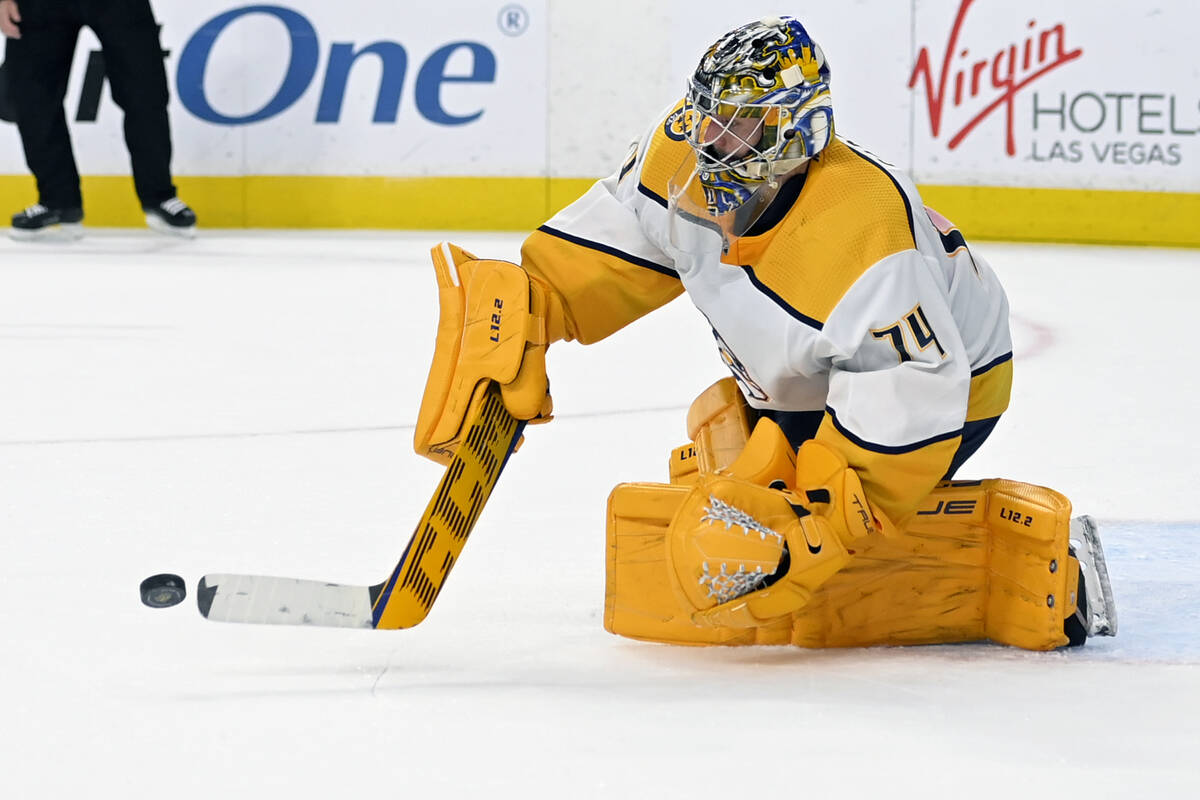 Nashville Predators goaltender Juuse Saros makes a save against the Vegas Golden Knights during ...