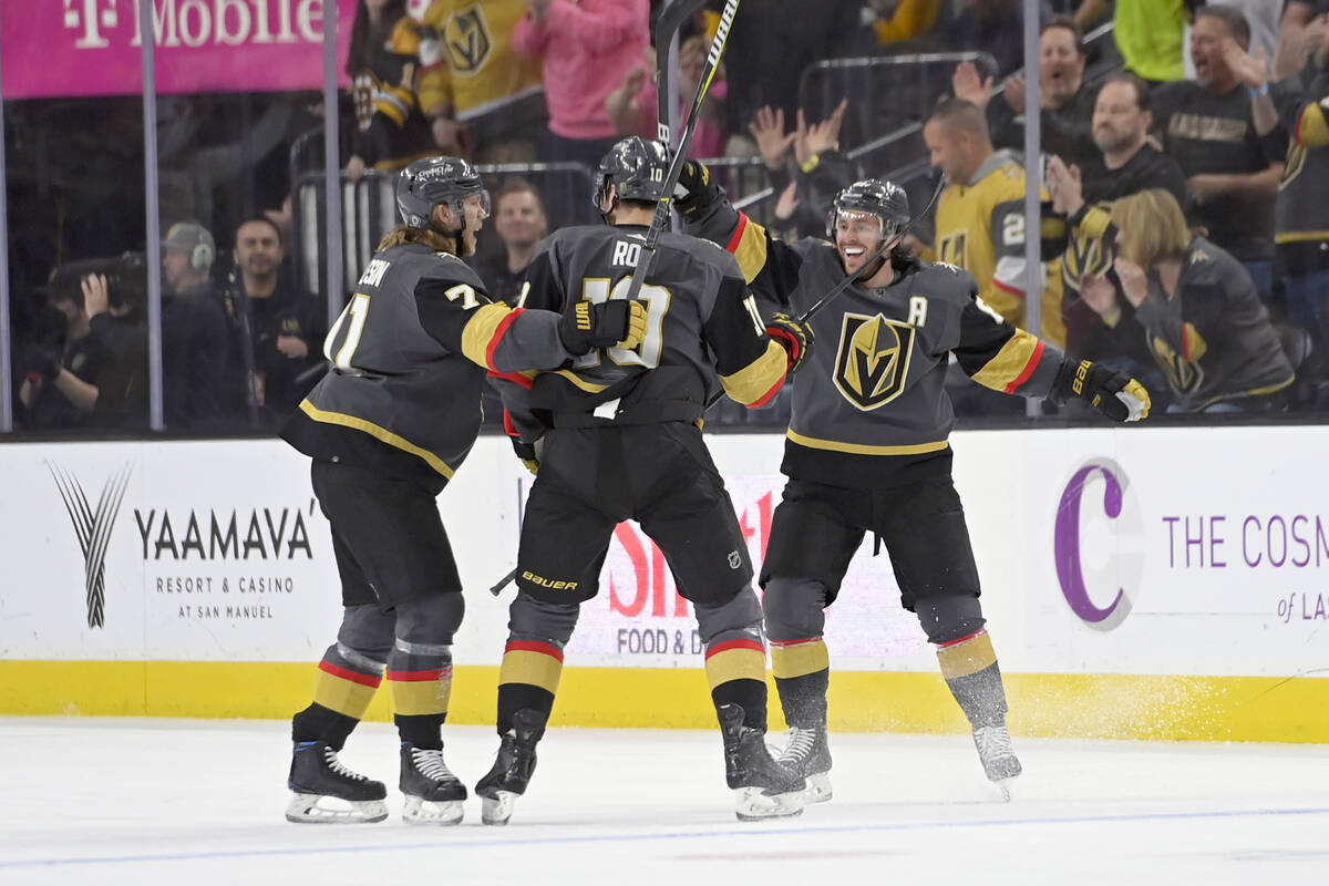 Vegas Golden Knights center William Karlsson (71), center Nicolas Roy (10) and center Jonathan ...