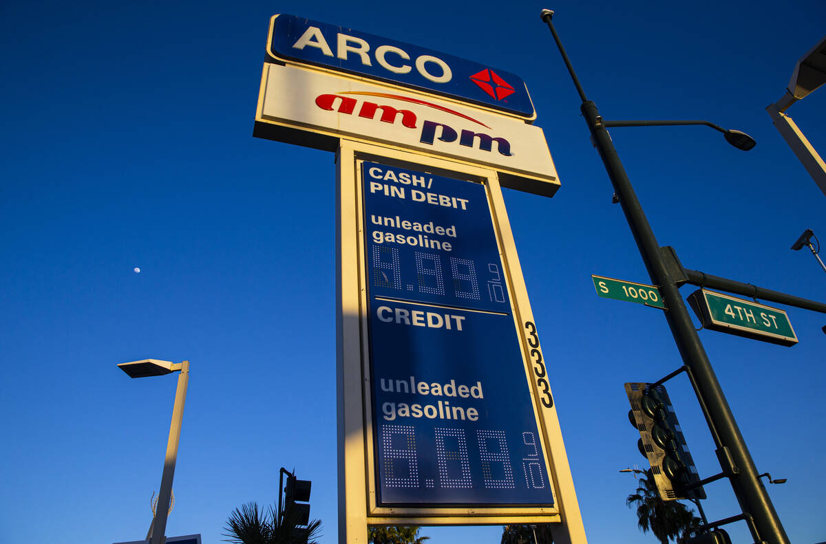 Rising gas prices are seen at an Arco gas station on Monday, March 14, 2022, in Las Vegas. (Cha ...