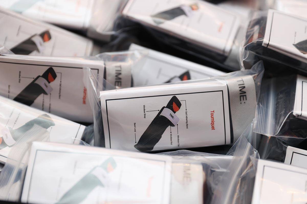 Hundreds of donated tourniquets are packed in suitcases at the Las Vegas home of Alona Burns, w ...