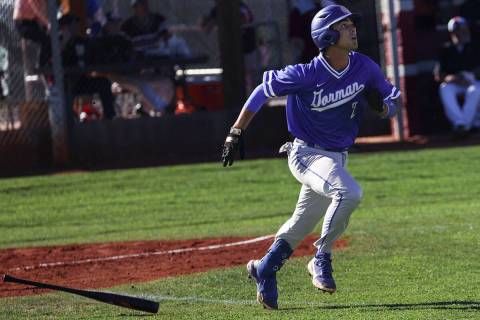 Bishop Gorman second baseman Maddox Riske (2) runs before being forced out by Cimarron-Memorial ...