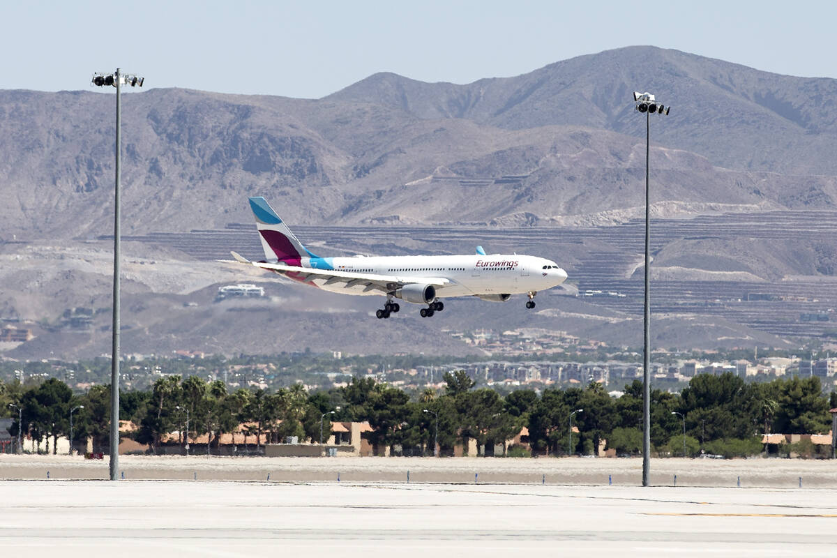 The first Eurowings flight, that few direct from Cologne, Germany, lands at McCarran Internatio ...