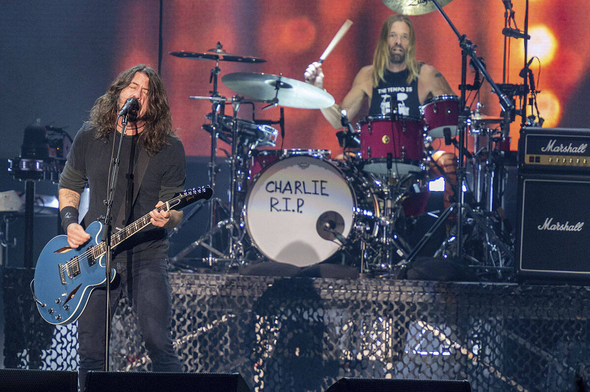 Dave Grohl, left, and Taylor Hawkins, right, of Foo Fighters, performs on Friday, Oct. 22, 2021 ...