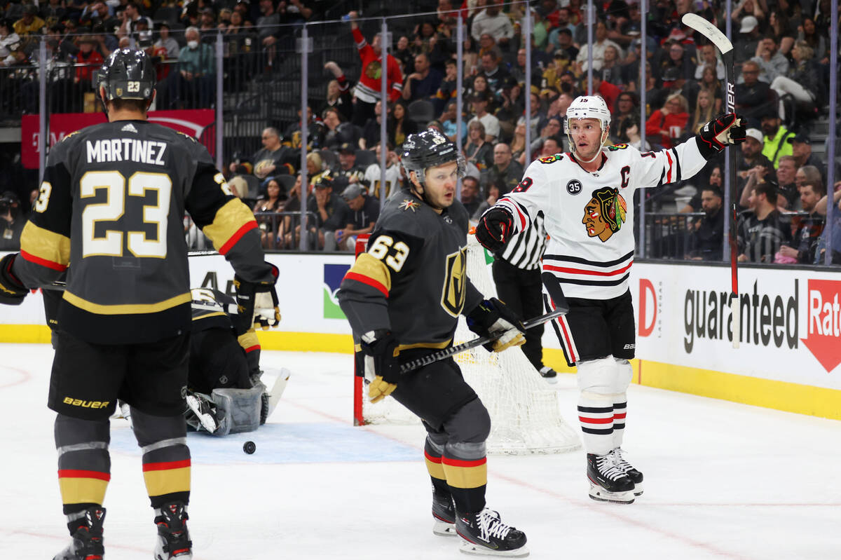 Chicago Blackhawks center Jonathan Toews (19) reacts after scoring a goal during the second per ...