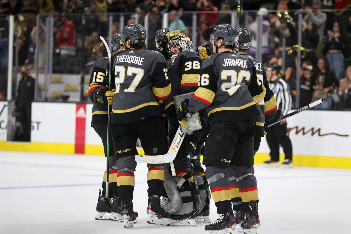 The Vegas Golden Knights celebrated their overtime win against the Chicago Blackhawks NHL hocke ...