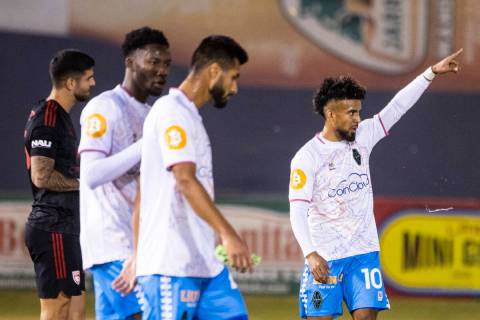 Las Vegas Lights’ forward Daniel Trejo (10) points toward the crowed as he celebrates hi ...