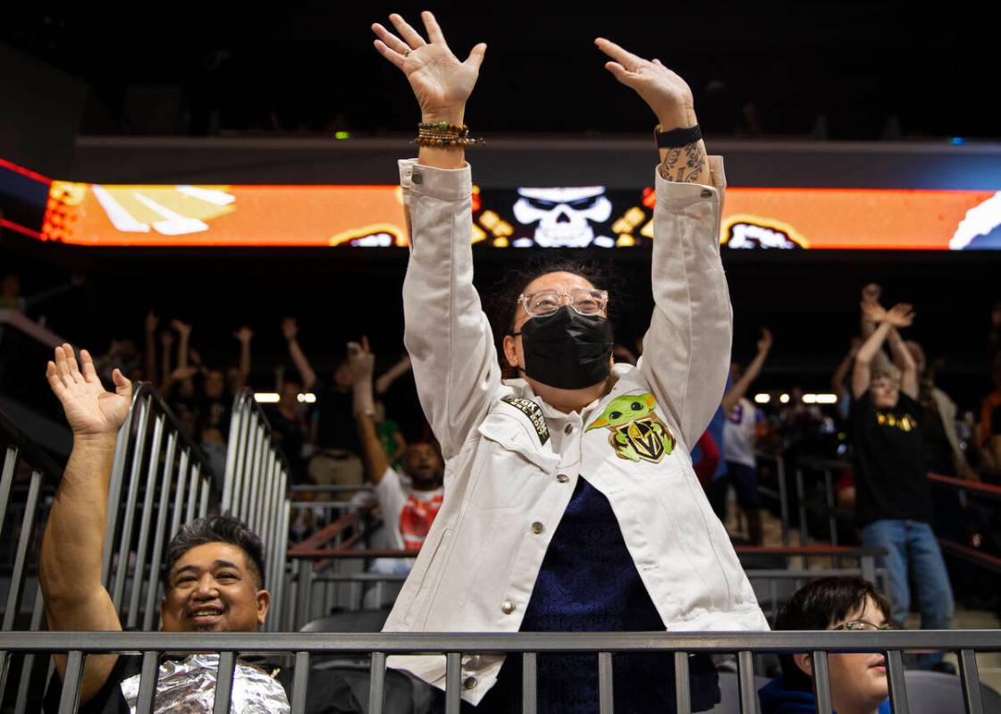 Vegas Knight Hawks fans cheer for their team during an Indoor Football League game against the ...