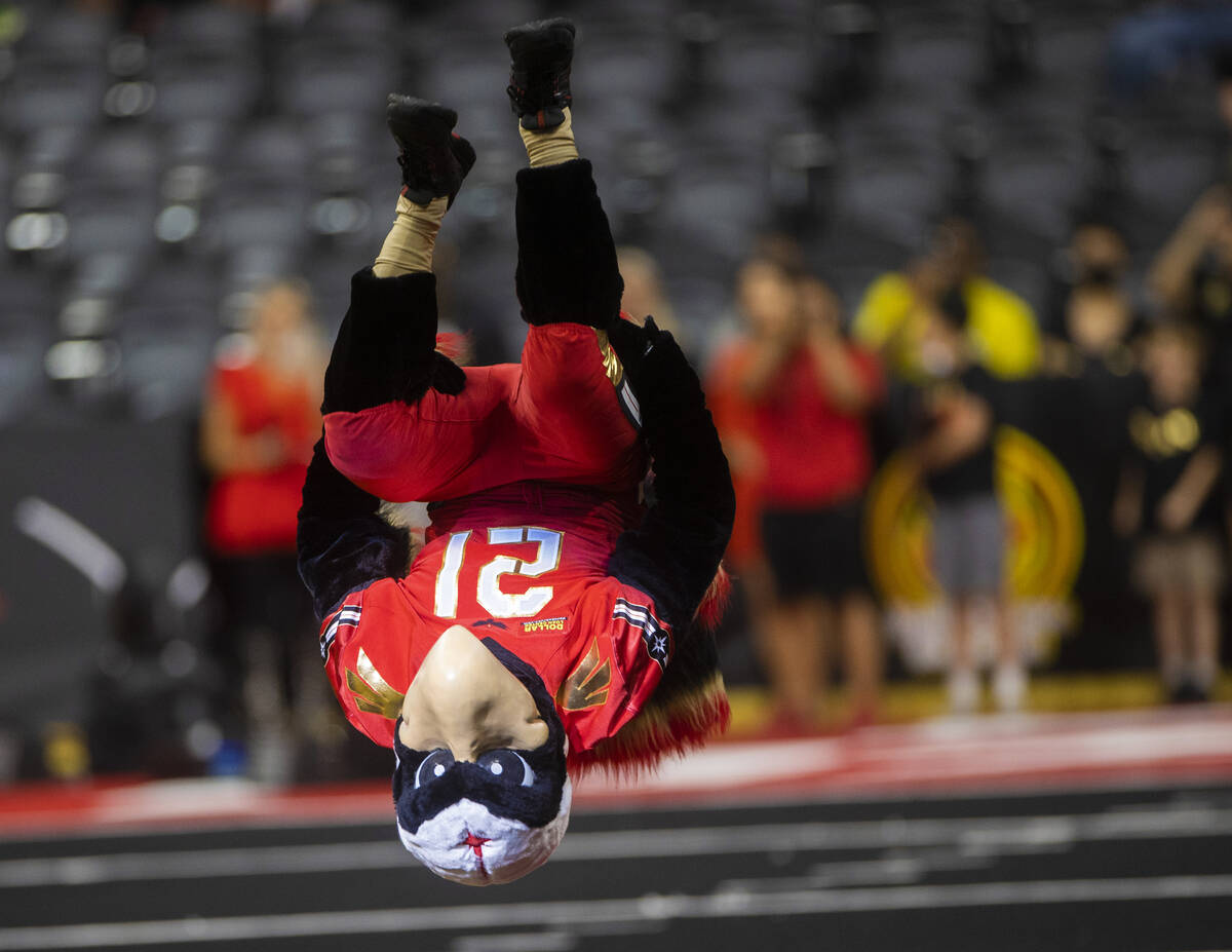 Vegas Knight Hawks mascot “Risk” does a backflip during an Indoor Football League ...