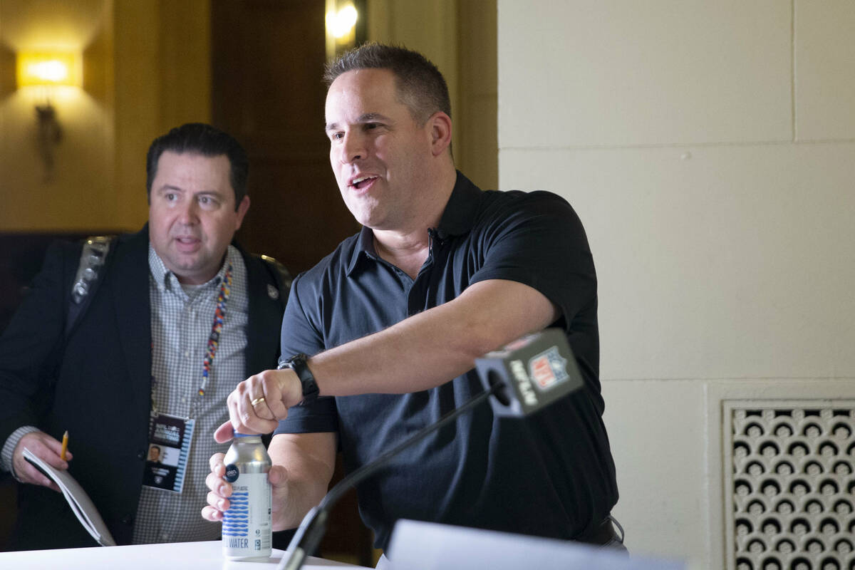 Raiders head coach Josh McDaniels arrives to speak with media at The Breakers Palm Beach hotel- ...