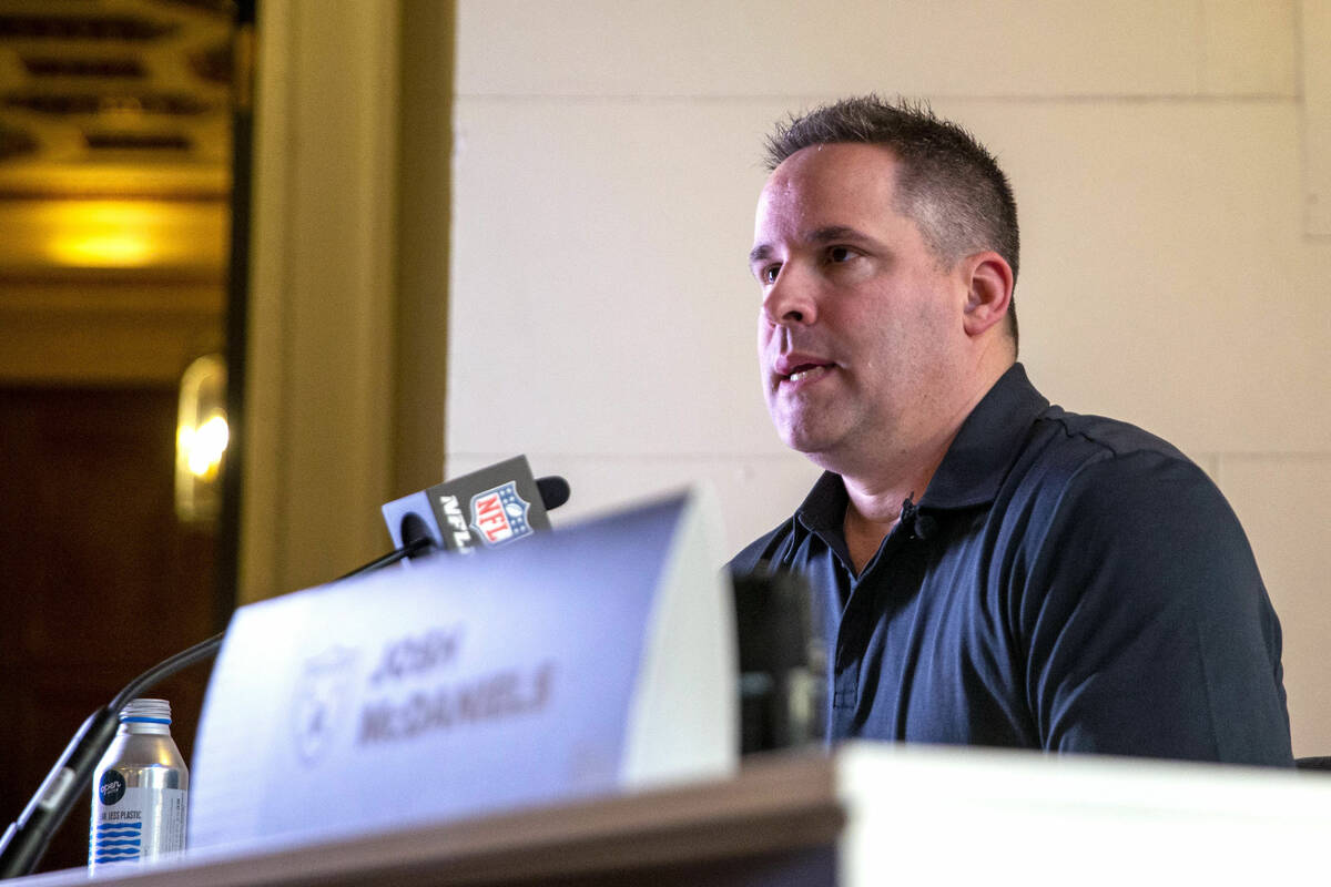 Raiders head coach Josh McDaniels speaks with media at The Breakers Palm Beach hotel-resort dur ...