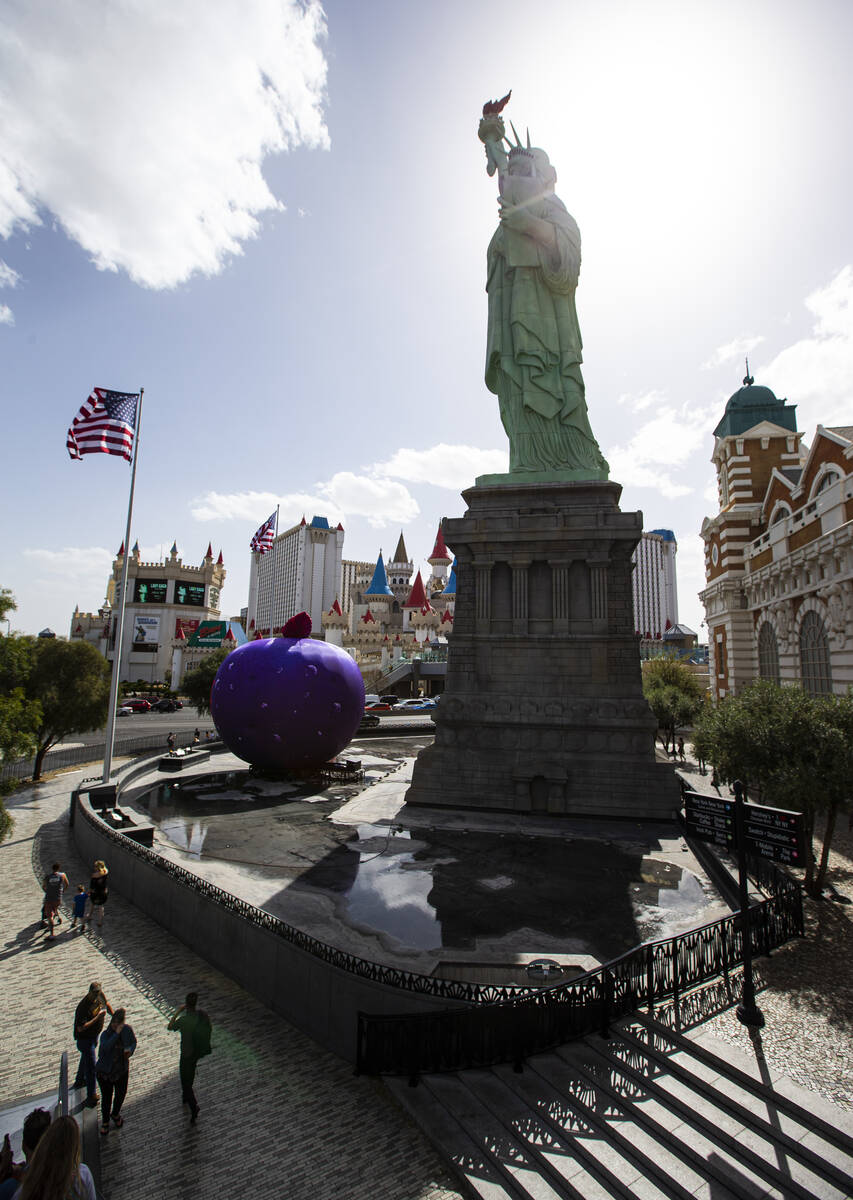 The fountain at the New York-New York is seen drained of water on Monday, March 28, 2022, in La ...