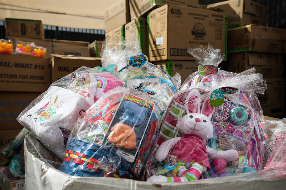 Boxes of easter baskets and gifts to be donated to children on Monday, March 28, 2022 at Walmar ...