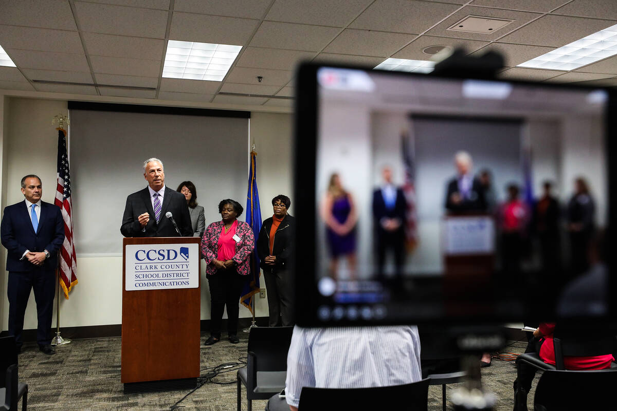 Clark County School District Attorney Steve Wolfson addresses the media during a press conferen ...