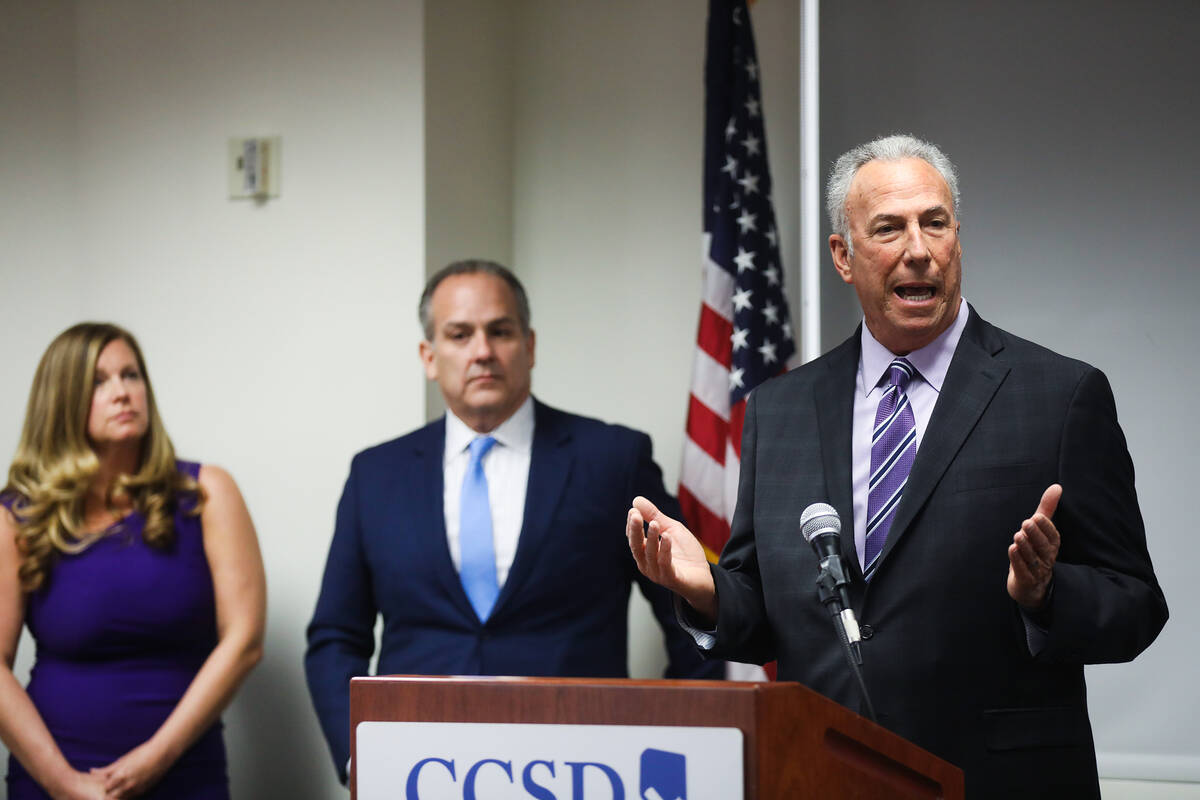Clark County School District Attorney Steve Wolfson addresses the media during a press conferen ...