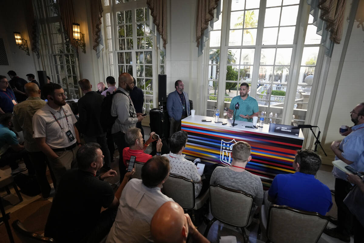 Philadelphia Eagles head coach Nick Sirianni speaks to reporters during a coaches press availab ...
