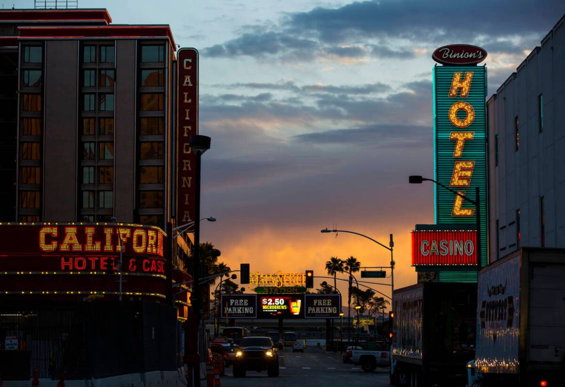 A view of the California Hotel and Binion's at sunrise in downtown Las Vegas on Tuesday, May 7, ...