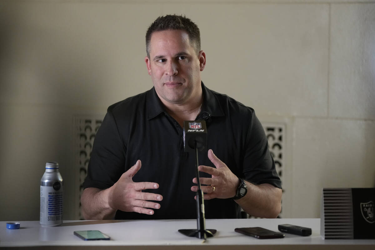 Las Vegas Raiders head coach Josh McDaniels speaks to journalists at a coaches press availabili ...