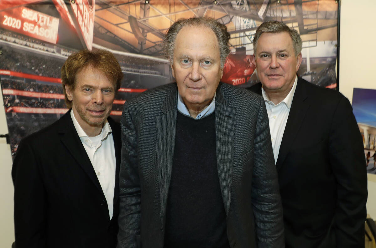 From left, Hollywood producer Jerry Bruckheimer, billionaire David Bonderman, and Oak View Grou ...