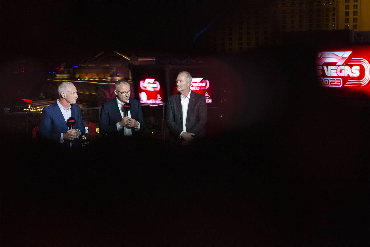 Greg Maffei, left, Liberty Media president and CEO, Stefano Domenicali, president and CEO of Fo ...