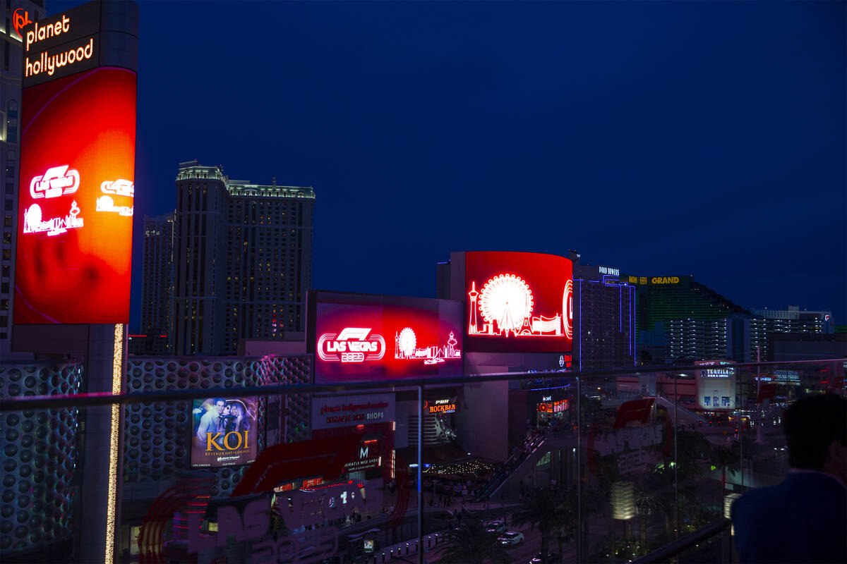 Marquees are lit up as Formula One racing’s Las Vegas Strip 2023 debut is announced duri ...