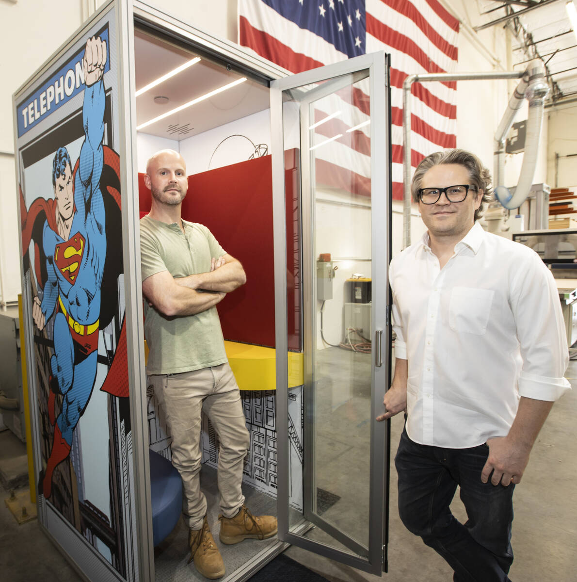 Brothers Nick Pucci and Anthony Pucci, co-founders of Cubicall, pose for a portrait by a custom ...
