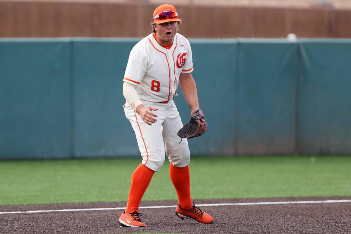 Bishop Gorman’s Gunnar Myro (8) reacts after missing a ground ball during a baseball gam ...