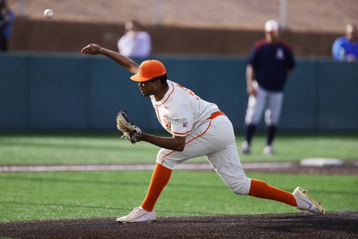 Bishop Gorman’s Tyler Avery (31) pitches the ball against Liberty during a baseball game ...