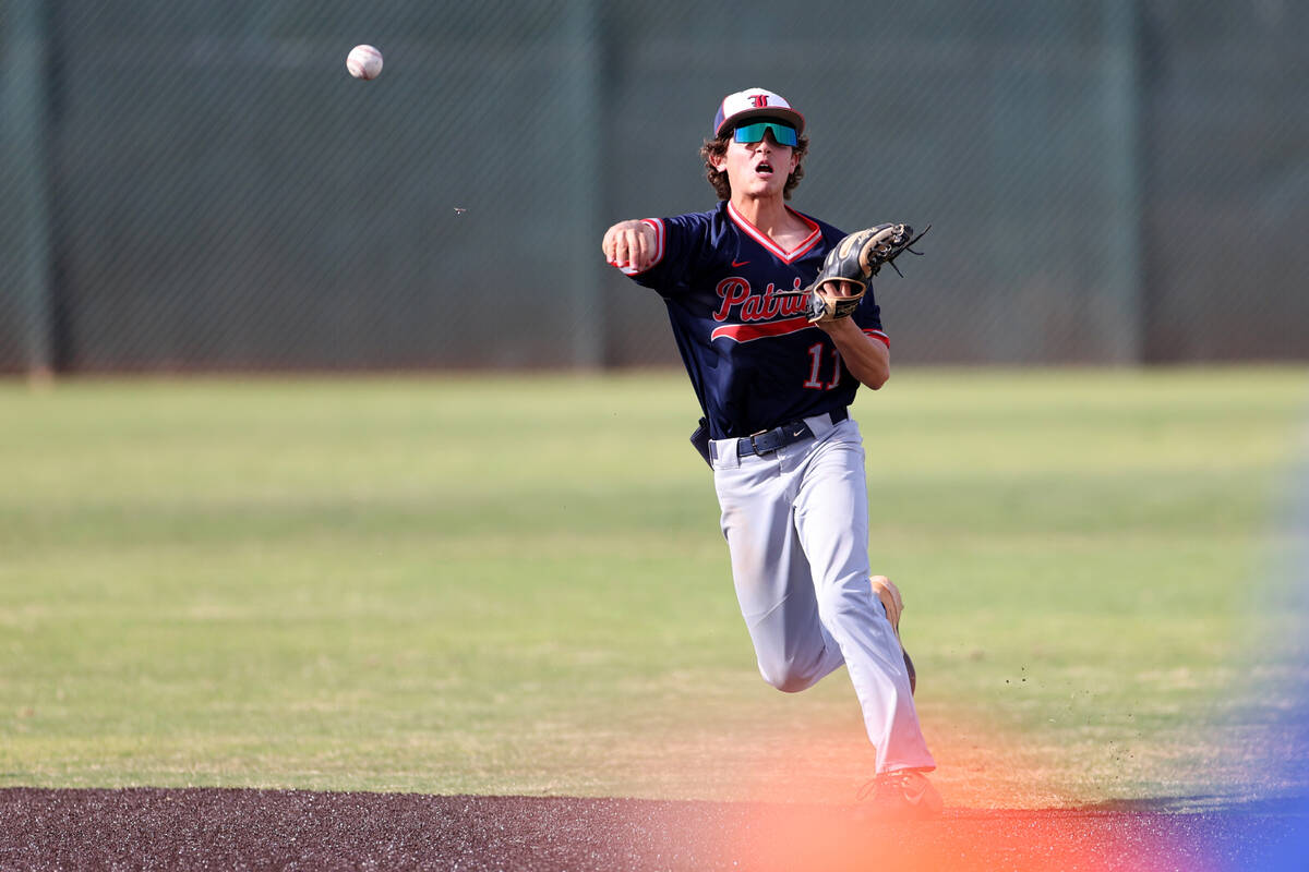 Liberty’s Dylan Fisher (11) throws the ball to first base during a baseball game against ...