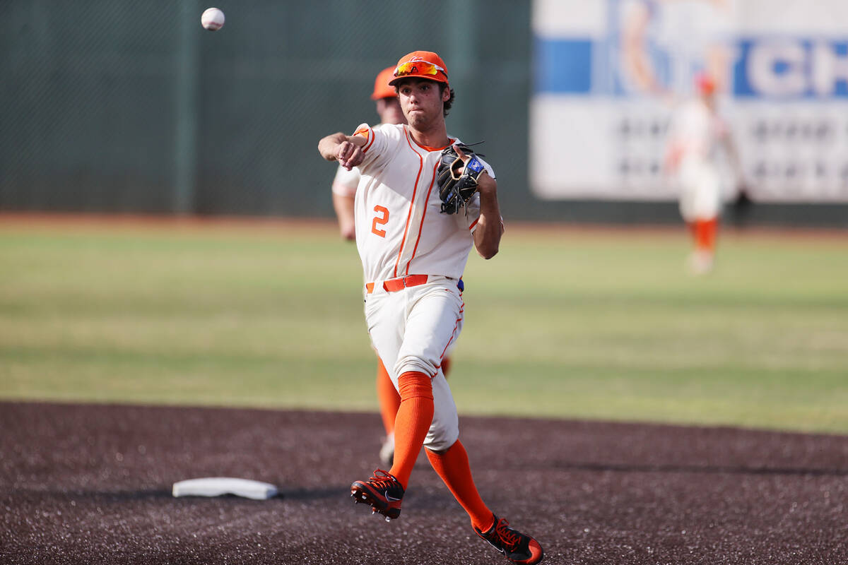 Bishop Gorman’s Maddox Riske (2) throws to first base for an out against Liberty during ...