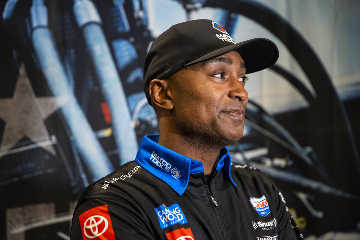 Toyota Top Fuel driver Antron Brown speaks during a press conference ahead of the NHRA Four-Wid ...
