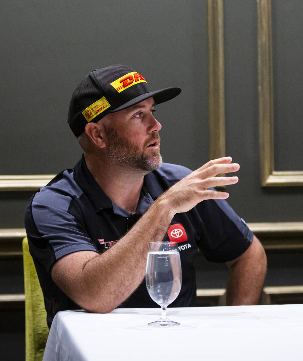 Funny car driver Shawn Langdon speaks during a press conference ahead of the NHRA Four-Wide Nat ...