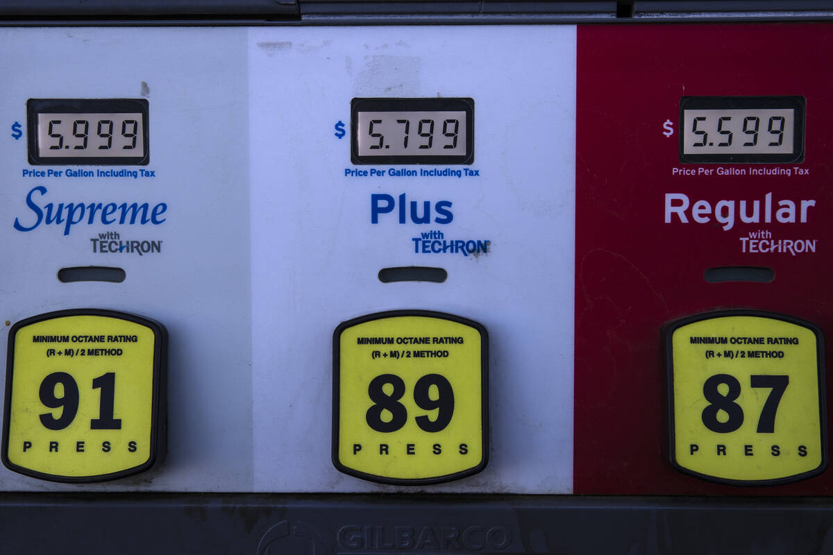 Gas prices are posted at Chevron on Tuesday, March 29, 2022, in Las Vegas. (Bizuayehu Tesfaye/L ...